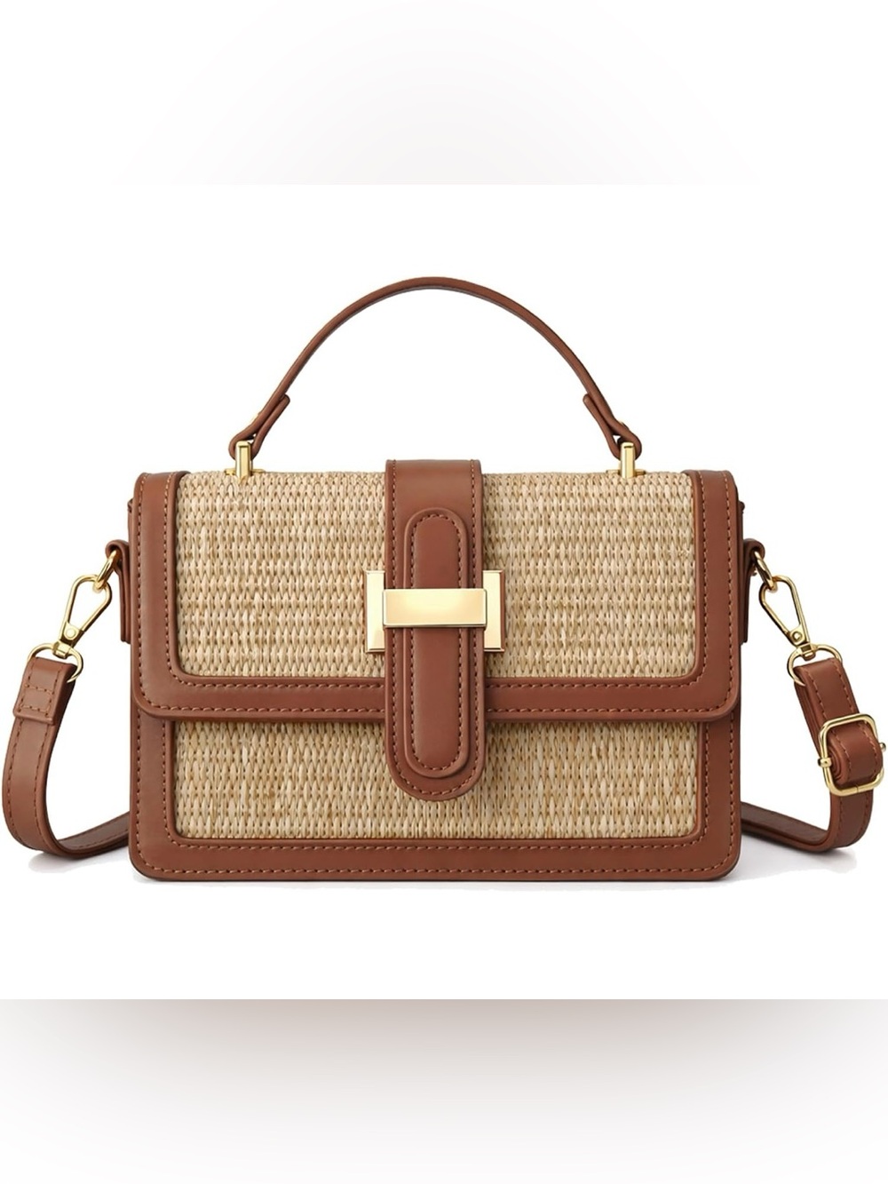 Straw Woven Crossbody Bag with Brown Trim & Gold-Tone Hardware